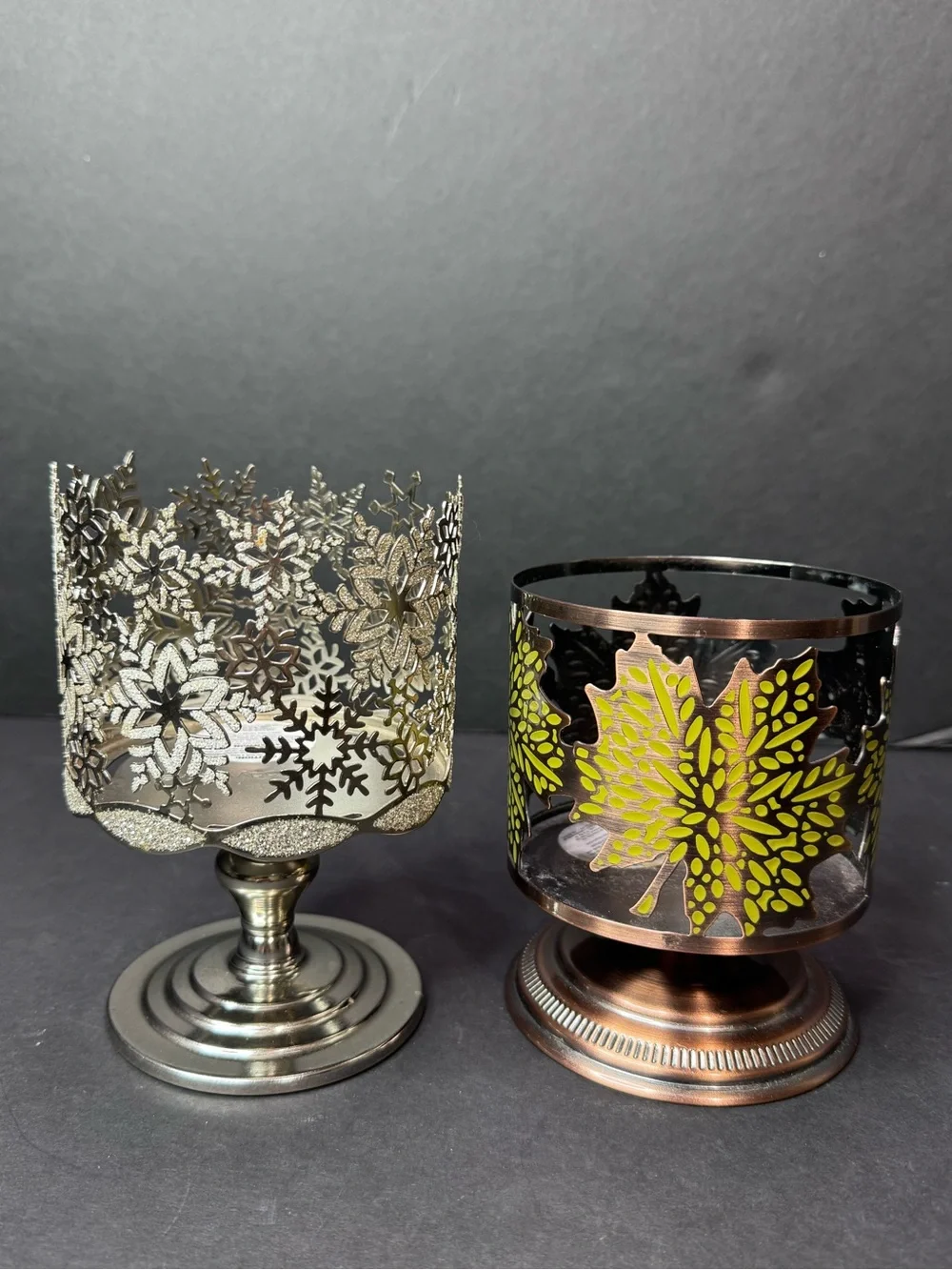 Bath & Body Works 3-Wick Candle Holders Set of 2 Silver Snowflake Bronze Leaf